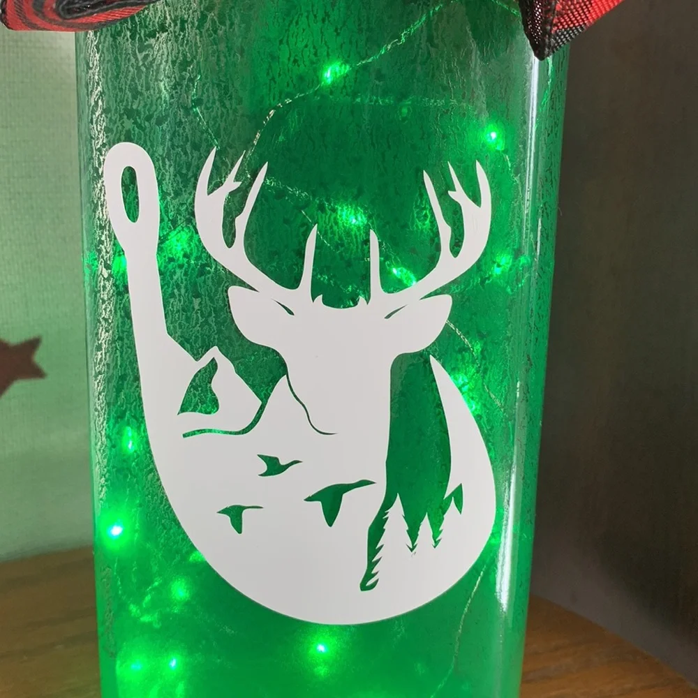 Hand Crafted Painted Green Bottle Lantern with Fish hook, Deer Design